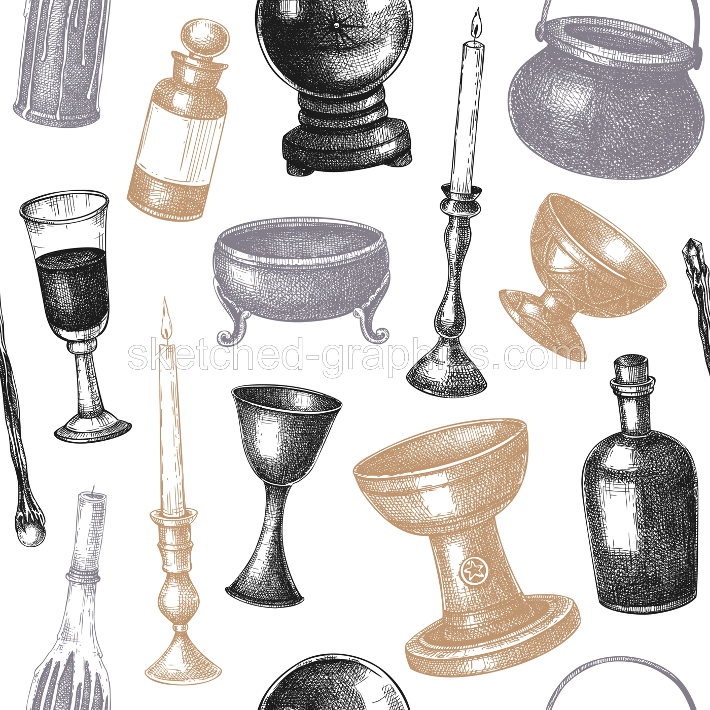 Bohemian style witchcraft seamless pattern. Witchcraft kitchenware utensil sketches. Vinatge Halloween background. Hand-drawn vector illustration.. NOT AI generated Illustration